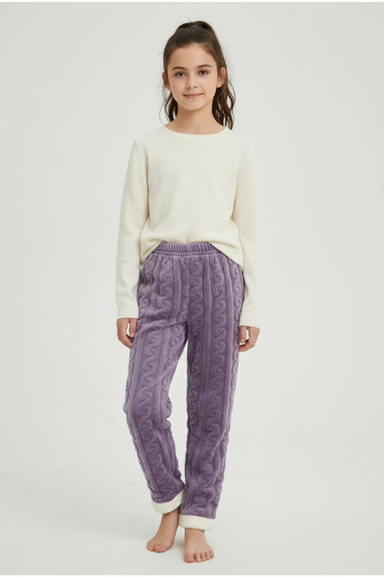 Pantalon Velours Violet Molletonné Tressé Doux Fille