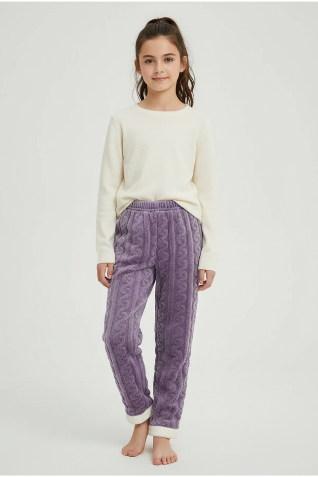 Pantalon Velours Violet Molletonné Tressé Doux Fille