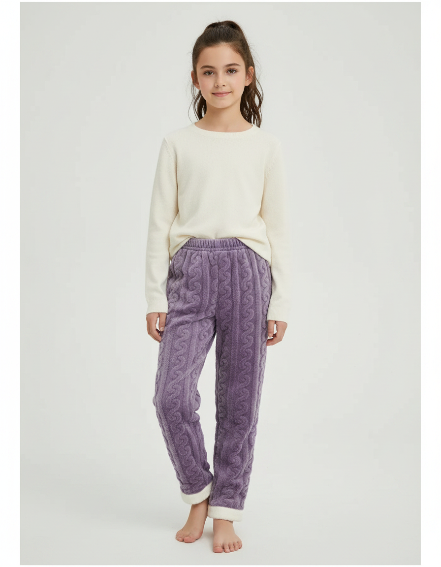 Pantalon Velours Violet Molletonné Tressé Doux Fille