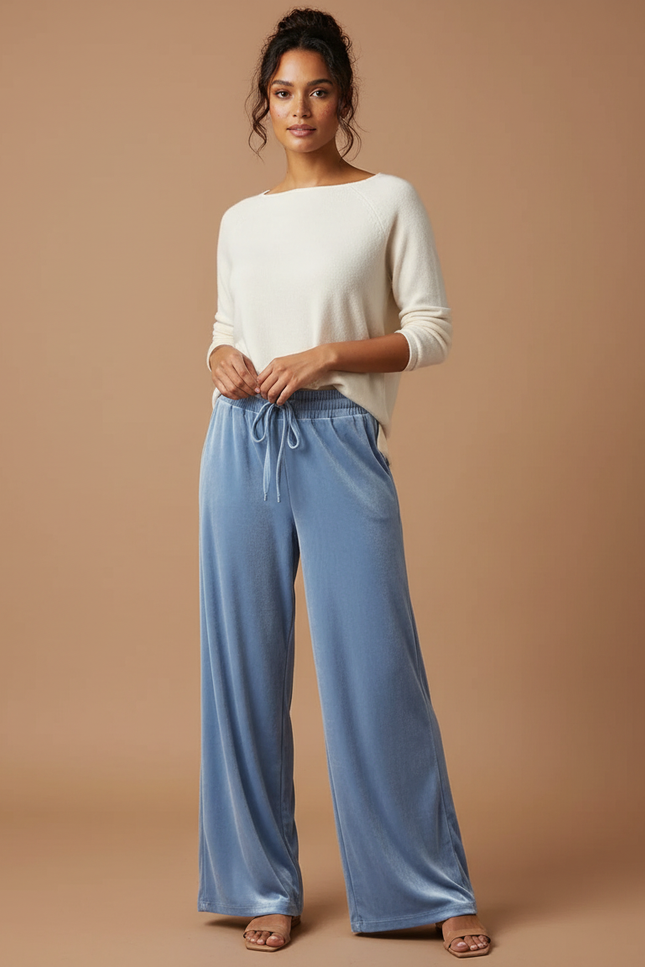 Pantalon Velours Bleu Ciel Fluide Large Femme