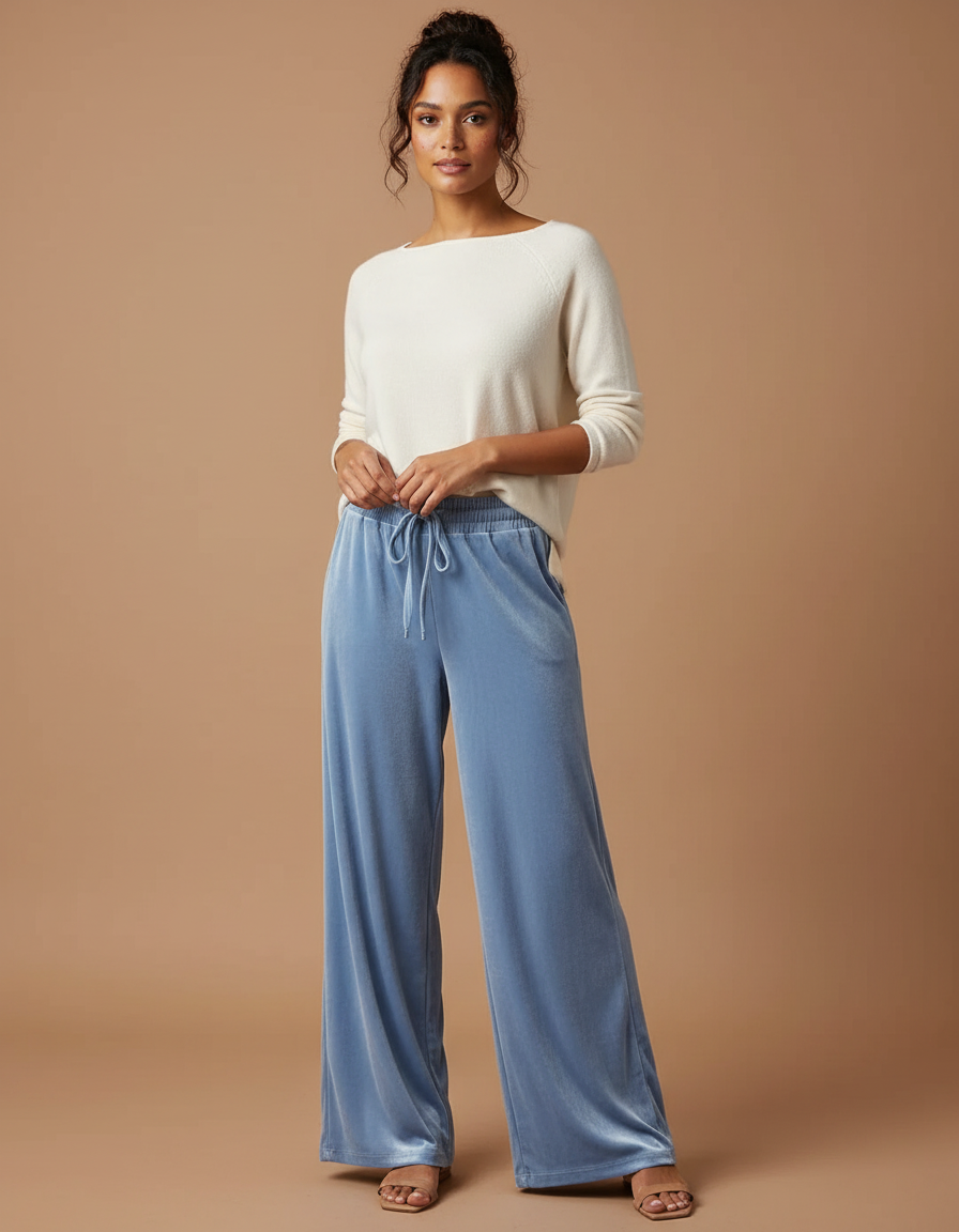 Pantalon Velours Bleu Ciel Fluide Large Femme