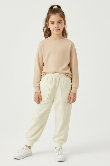 Pantalon Velours Crème Côtelé Ample Élastique Enfant - Beige Cordé
