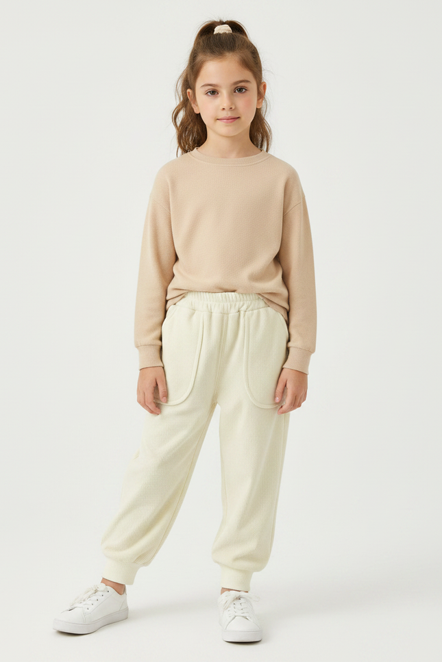 Pantalon Velours Crème Côtelé Ample Élastique Enfant - Beige Cordé