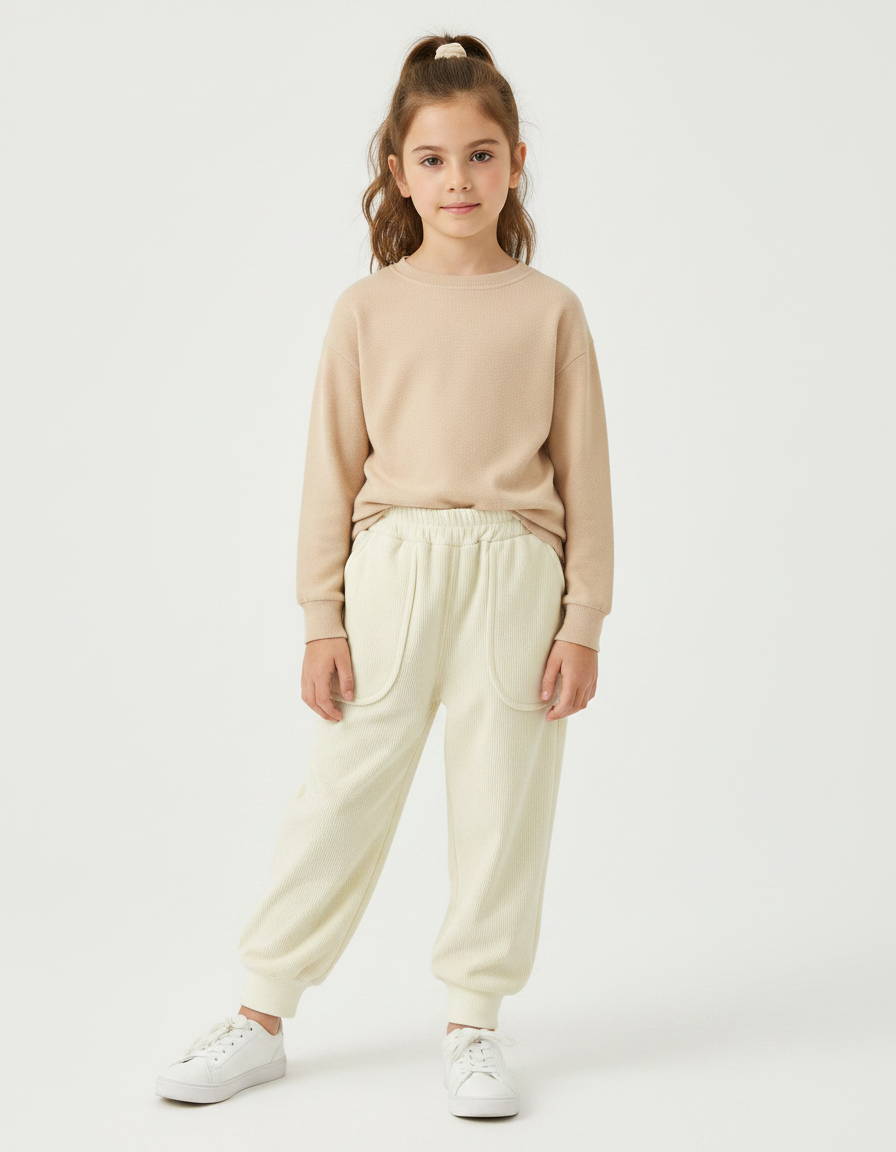 Pantalon Velours Crème Côtelé Ample Élastique Enfant - Beige Cordé