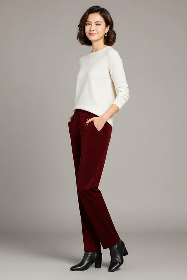 Pantalon Velours Bordeaux Droit Côtelé Femme Élégant - Cordé