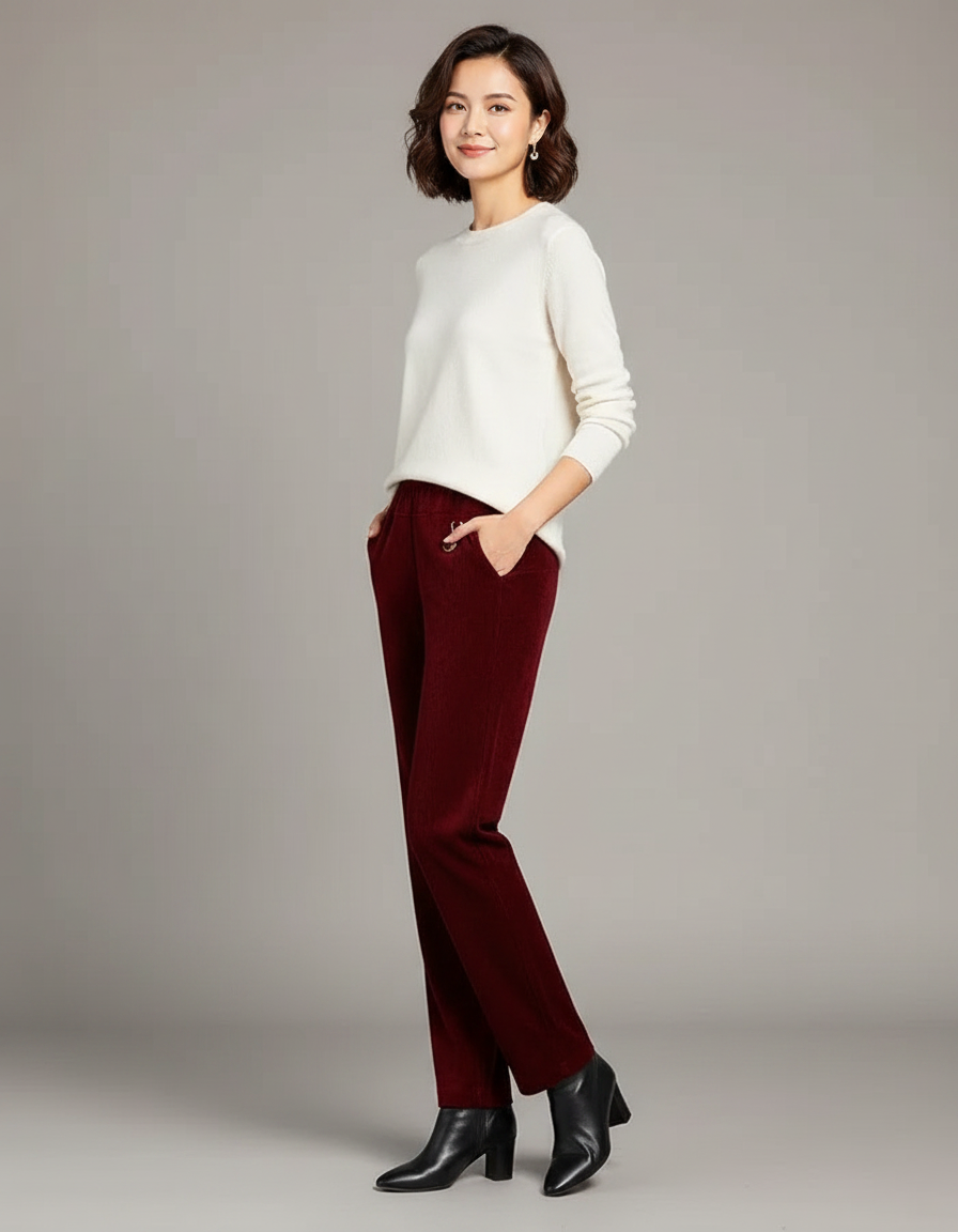 Pantalon Velours Bordeaux Droit Côtelé Femme Élégant - Cordé