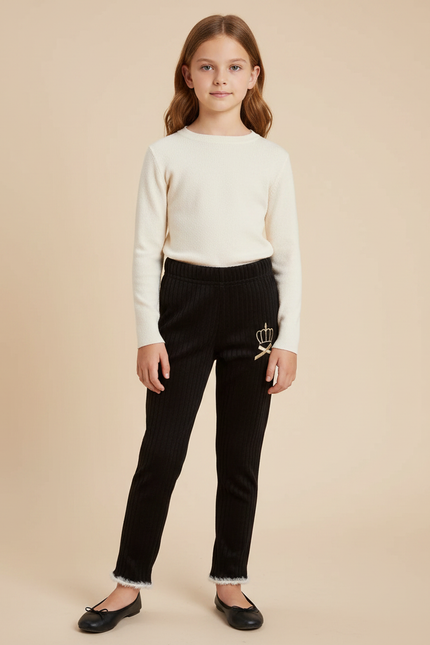 Pantalon Velours Noir Côtelé Brodé Couronne Fille