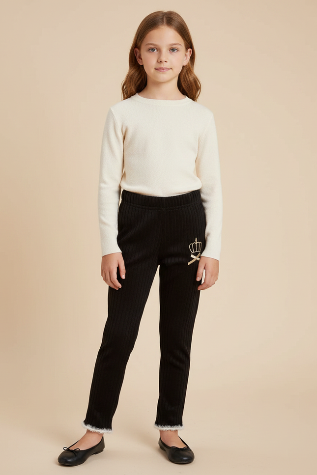 Pantalon Velours Noir Côtelé Brodé Couronne Fille