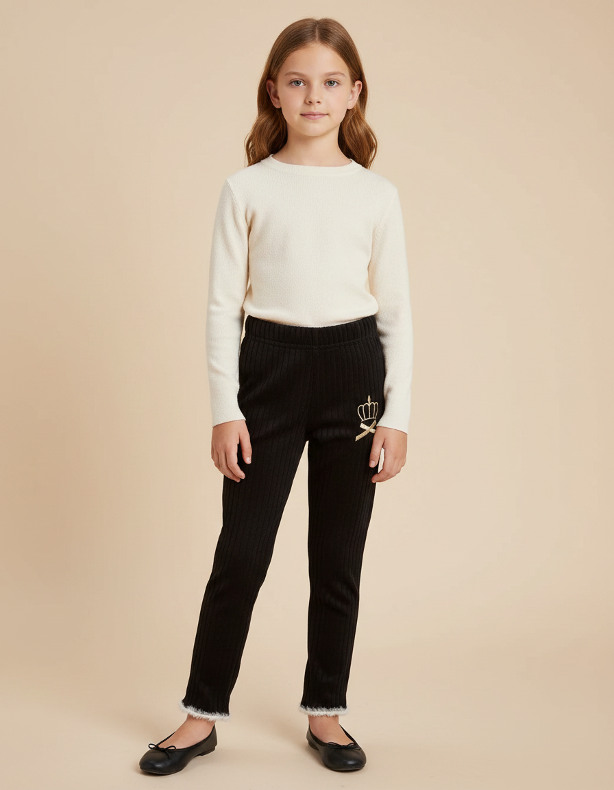 Pantalon Velours Noir Côtelé Brodé Couronne Fille