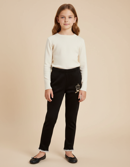 Pantalon Velours Noir Côtelé Brodé Couronne Fille
