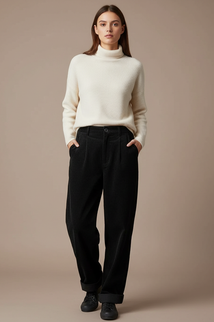 Pantalon Velours Noir Ample Côtelé Décontracté - Cordé
