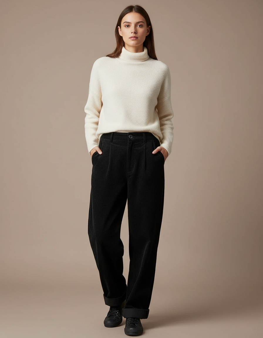 Pantalon Velours Noir Ample Côtelé Décontracté - Cordé