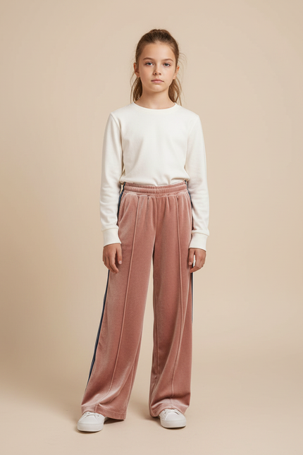 Pantalon Velours Rose Droit Rayures Latérales Fille