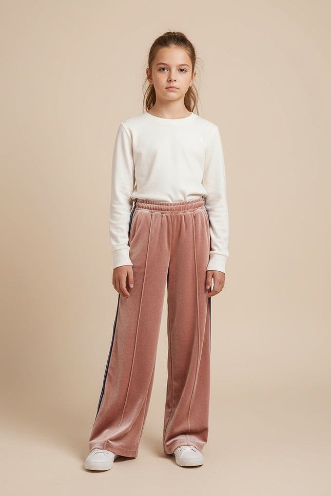 Pantalon Velours Rose Droit Rayures Latérales Fille