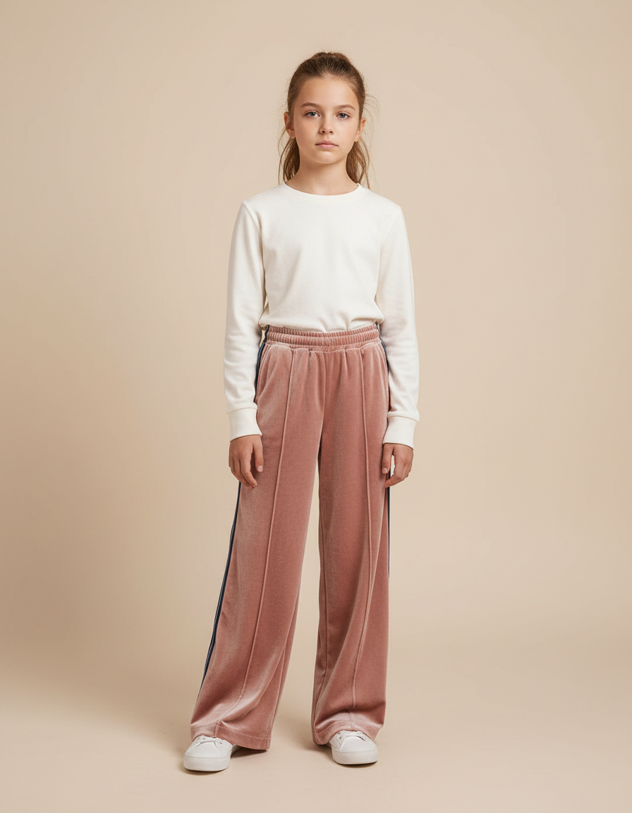 Pantalon Velours Rose Droit Rayures Latérales Fille