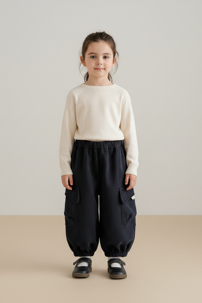 Pantalon Velours Enfant Noir Ample Cargo Hiver - Cordé