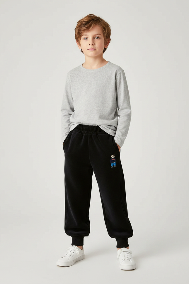 Pantalon Velours Noir Ample Brodé Garçon Hiver