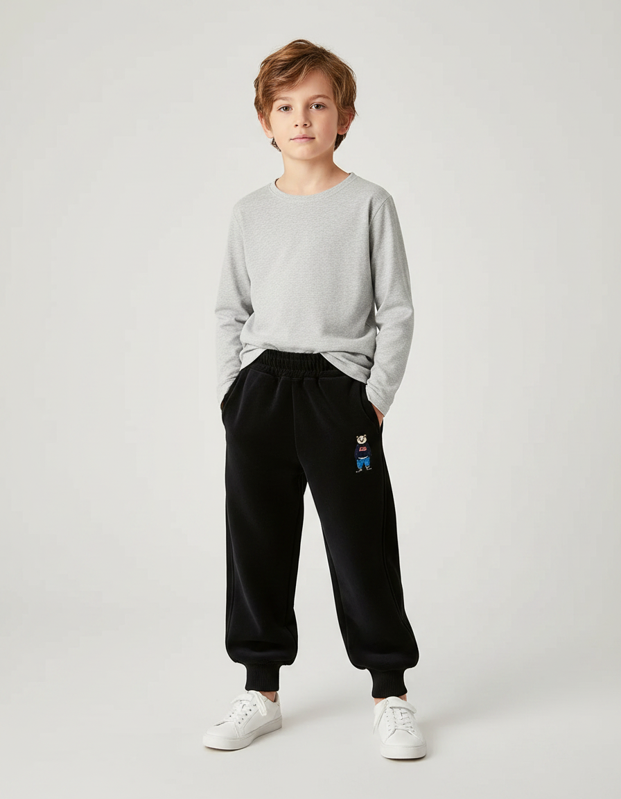 Pantalon Velours Noir Ample Brodé Garçon Hiver