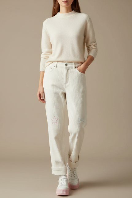 Pantalon Mom Velours Femme - Beige Cordé