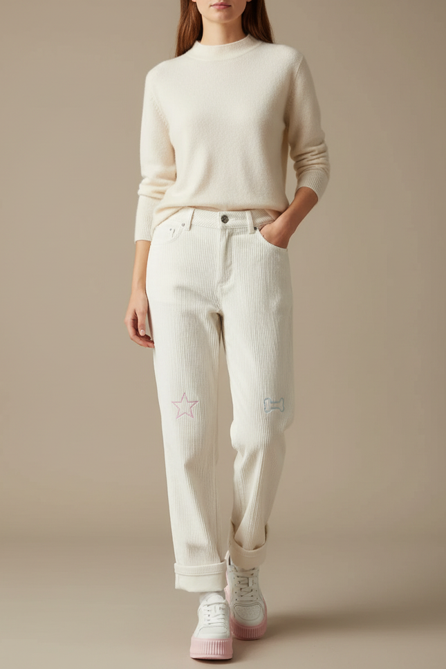 Pantalon Mom Velours Femme - Beige Cordé