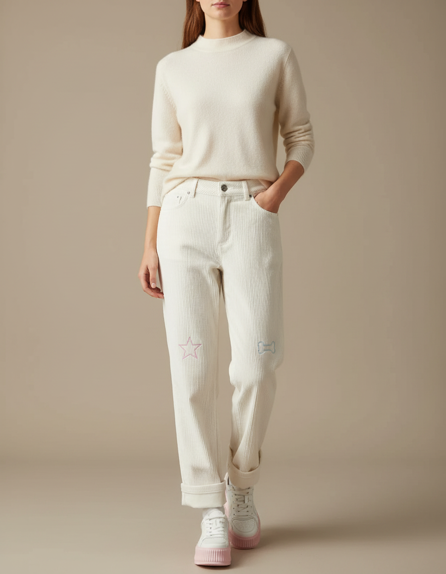 Pantalon Mom Velours Femme - Beige Cordé