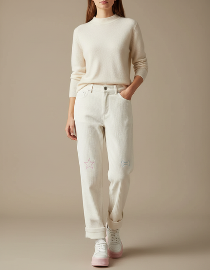 Pantalon Mom Velours Femme - Beige Cordé