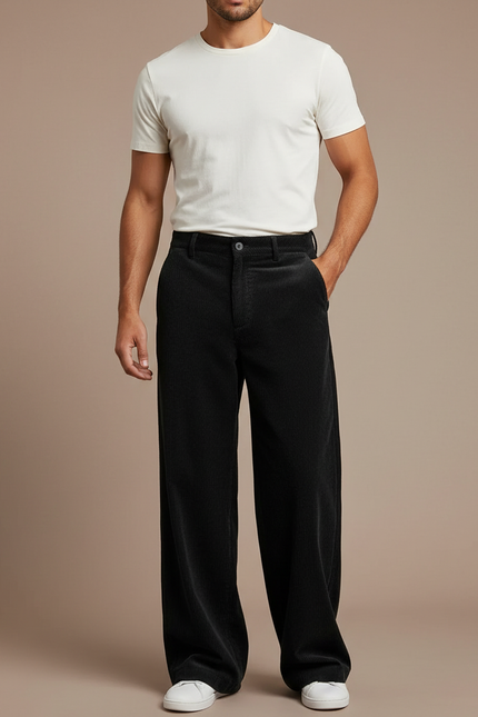 Pantalon Velours Homme Noir Large - Cordé