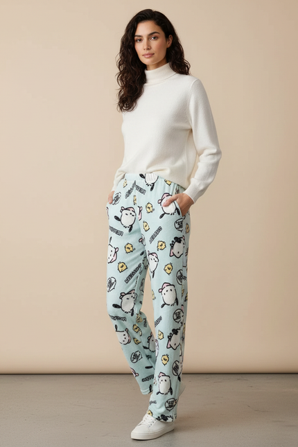 Pantalon Velours Bleu Imprimé Kawaii Ample Doux