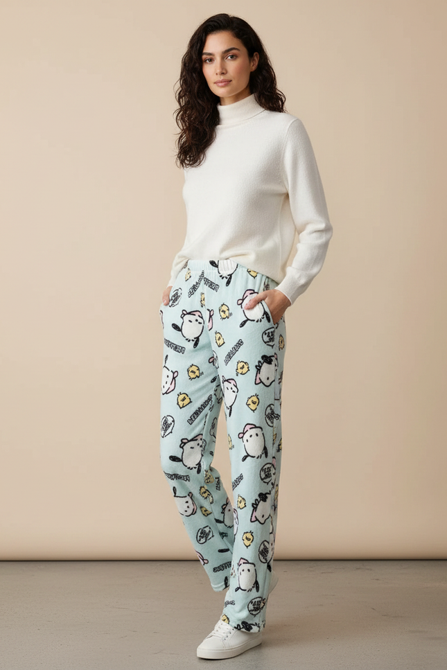 Pantalon Velours Bleu Imprimé Kawaii Ample Doux