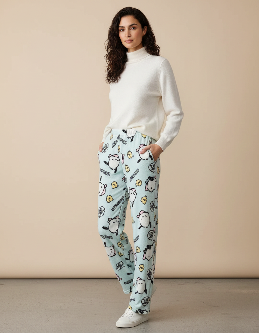Pantalon Velours Bleu Imprimé Kawaii Ample Doux