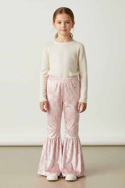 Pantalon Velours Rose Évasé Fille Doux Confortable