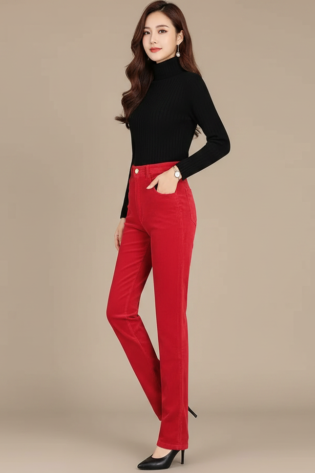 Pantalon Velours Rouge Côtelé Droit Taille Haute Élégant - Cordé