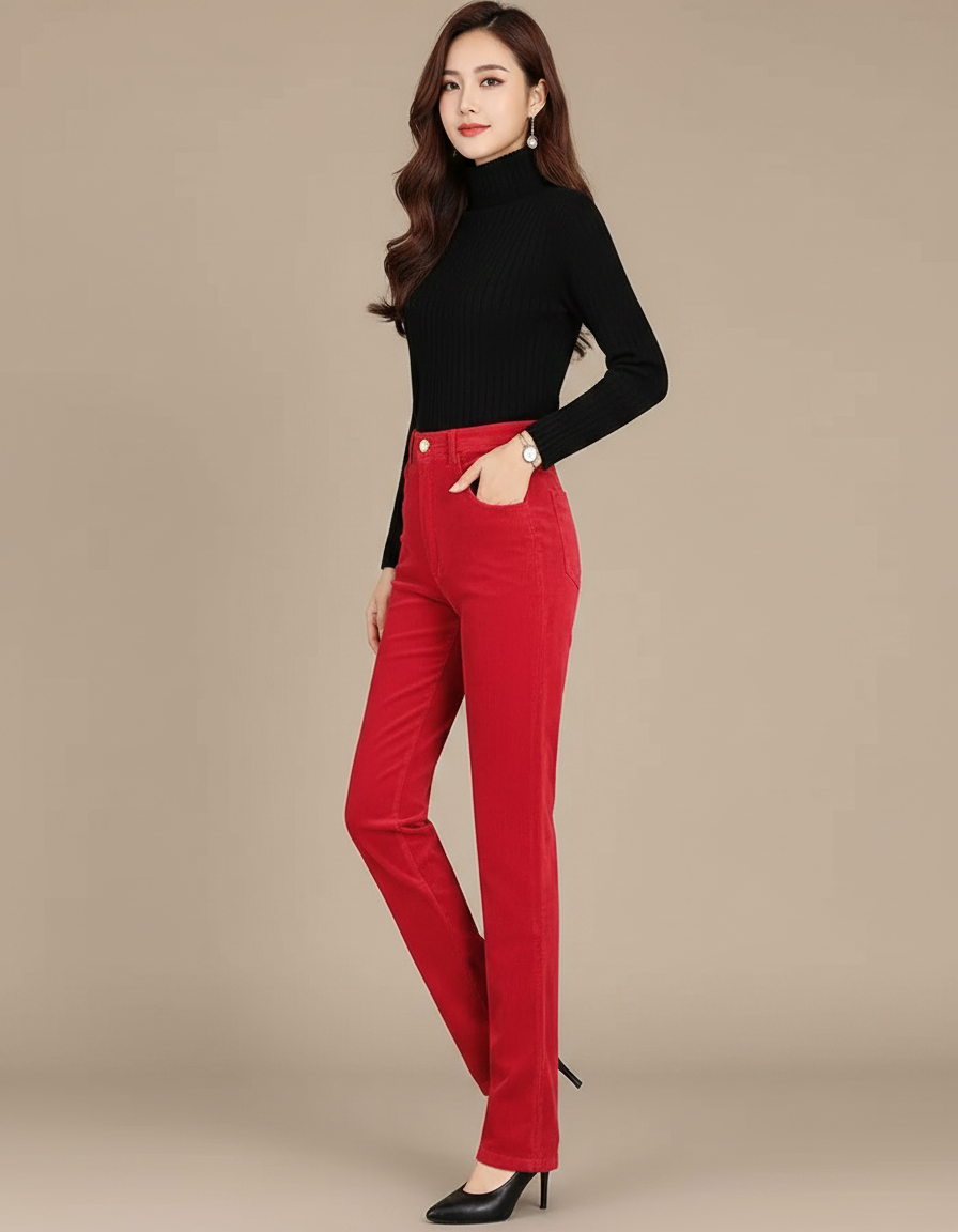 Pantalon Velours Rouge Côtelé Droit Taille Haute Élégant - Cordé