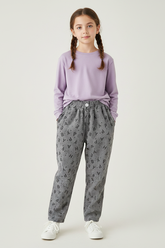 Pantalon Velours Côtelé Gris Imprimé Lettres Ample