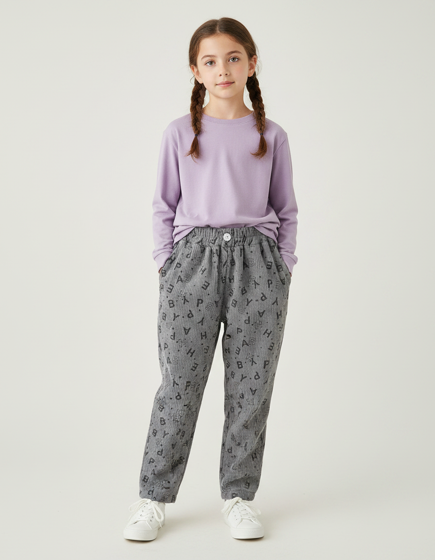 Pantalon Velours Côtelé Gris Imprimé Lettres Ample