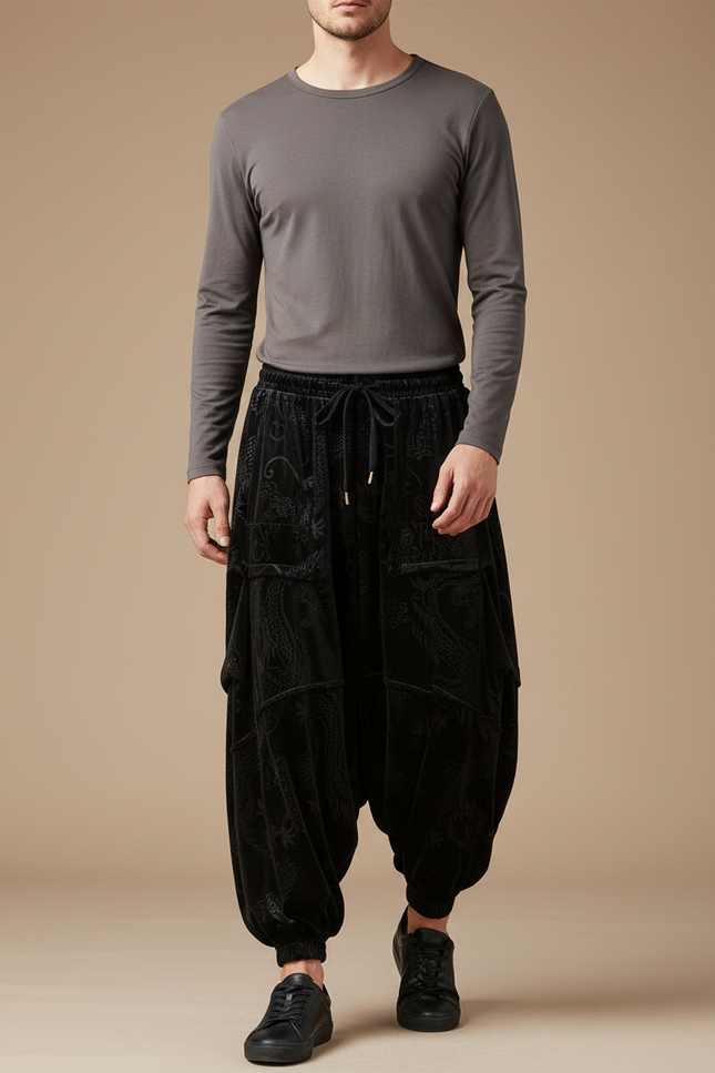 Pantalon Velours Noir Dragon Ample Décontracté Homme