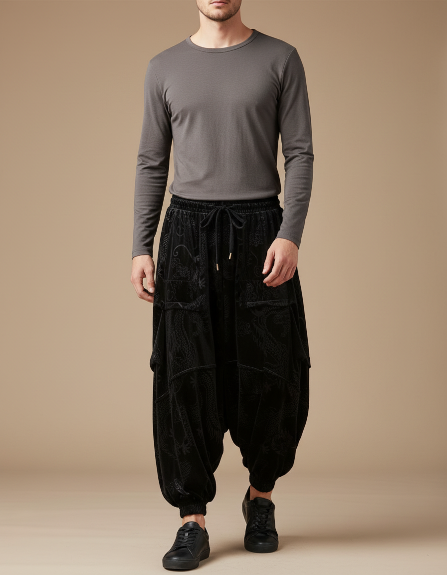 Pantalon Velours Noir Dragon Ample Décontracté Homme