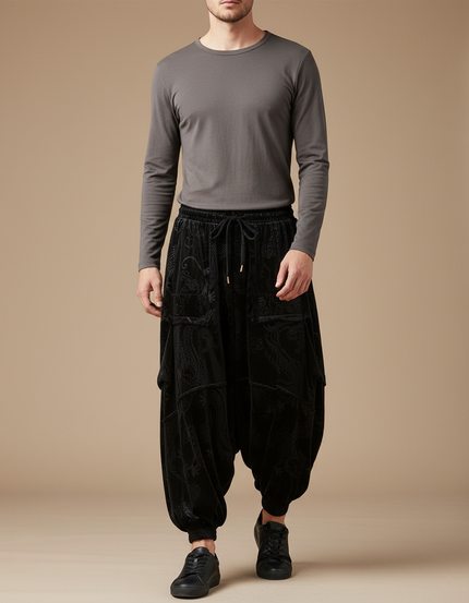 Pantalon Velours Noir Dragon Ample Décontracté Homme