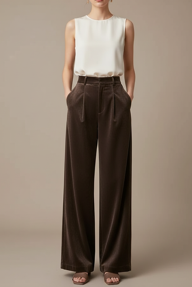 Pantalon Velours Marron Ample Taille Haute Élégant