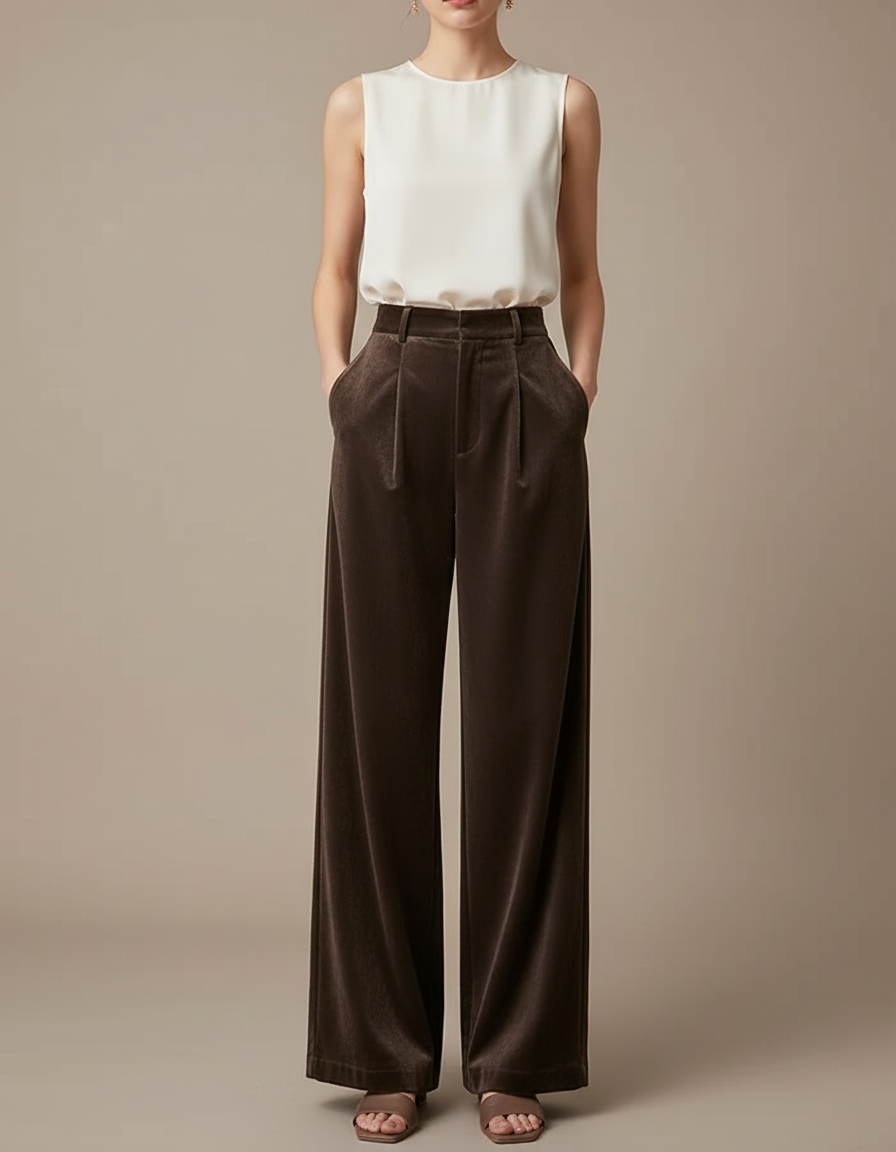Pantalon Velours Marron Ample Taille Haute Élégant