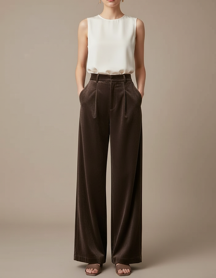 Pantalon Velours Marron Ample Taille Haute Élégant