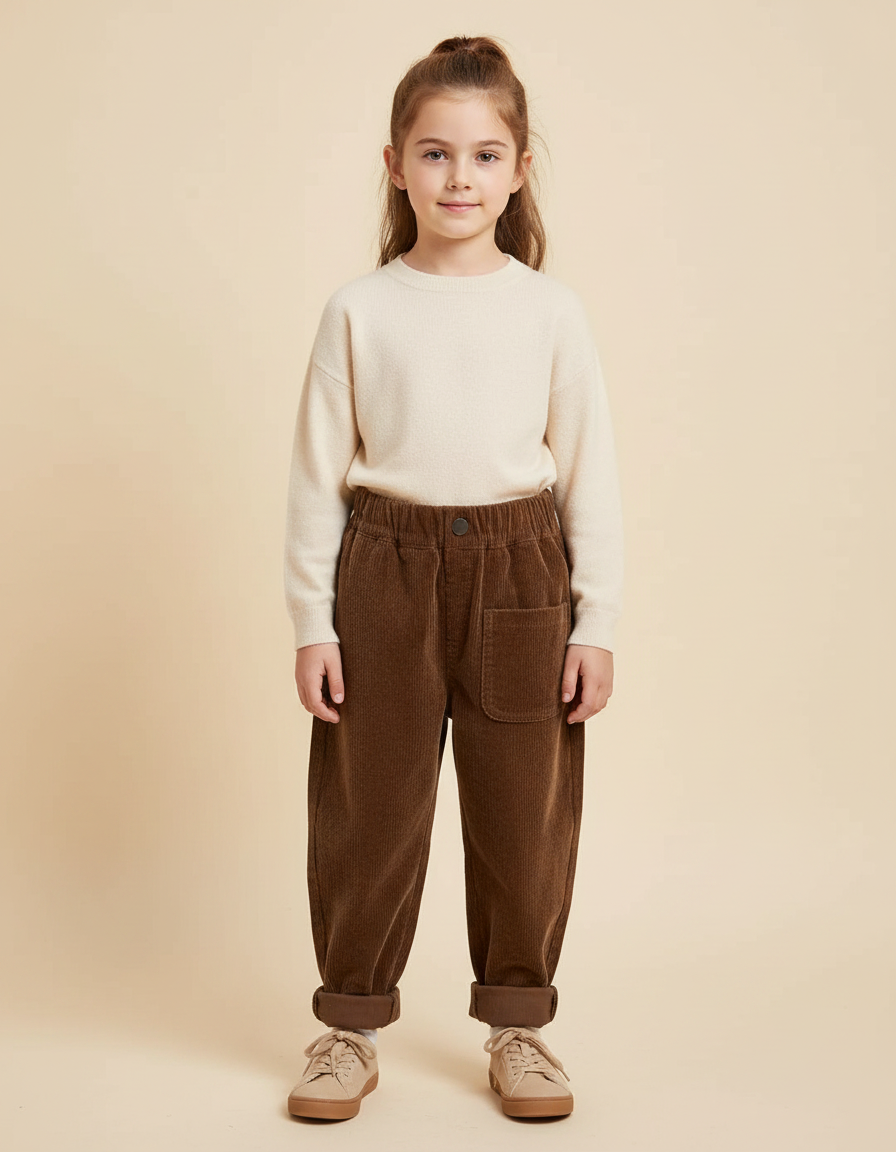 Pantalon Velours Marron Côtelé Ample Enfant Décontracté