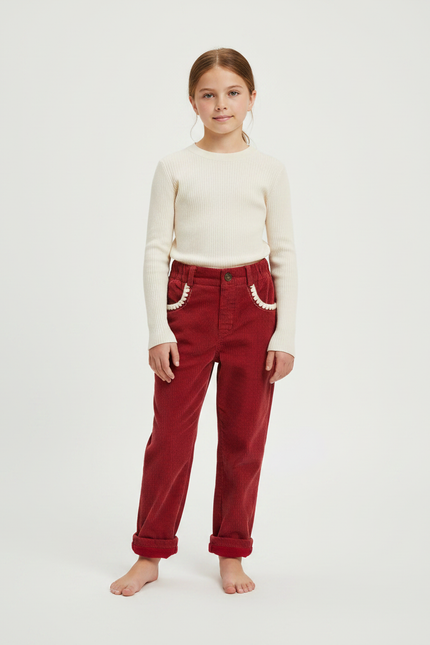 Pantalon Velours Rouge Côtelé Décontracté Fille Hiver - Cordé