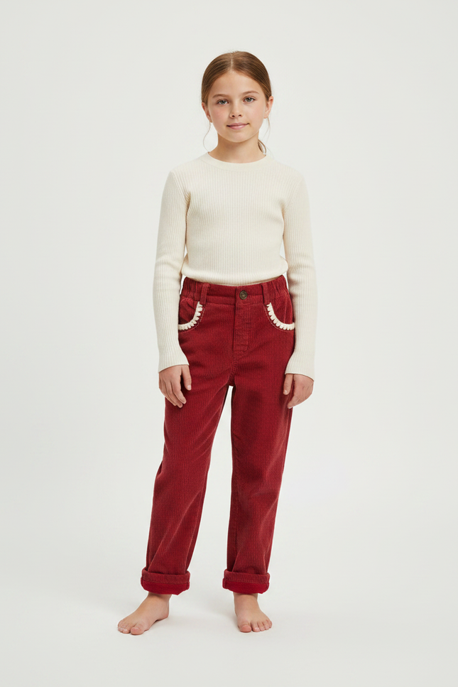 Pantalon Velours Rouge Côtelé Décontracté Fille Hiver - Cordé
