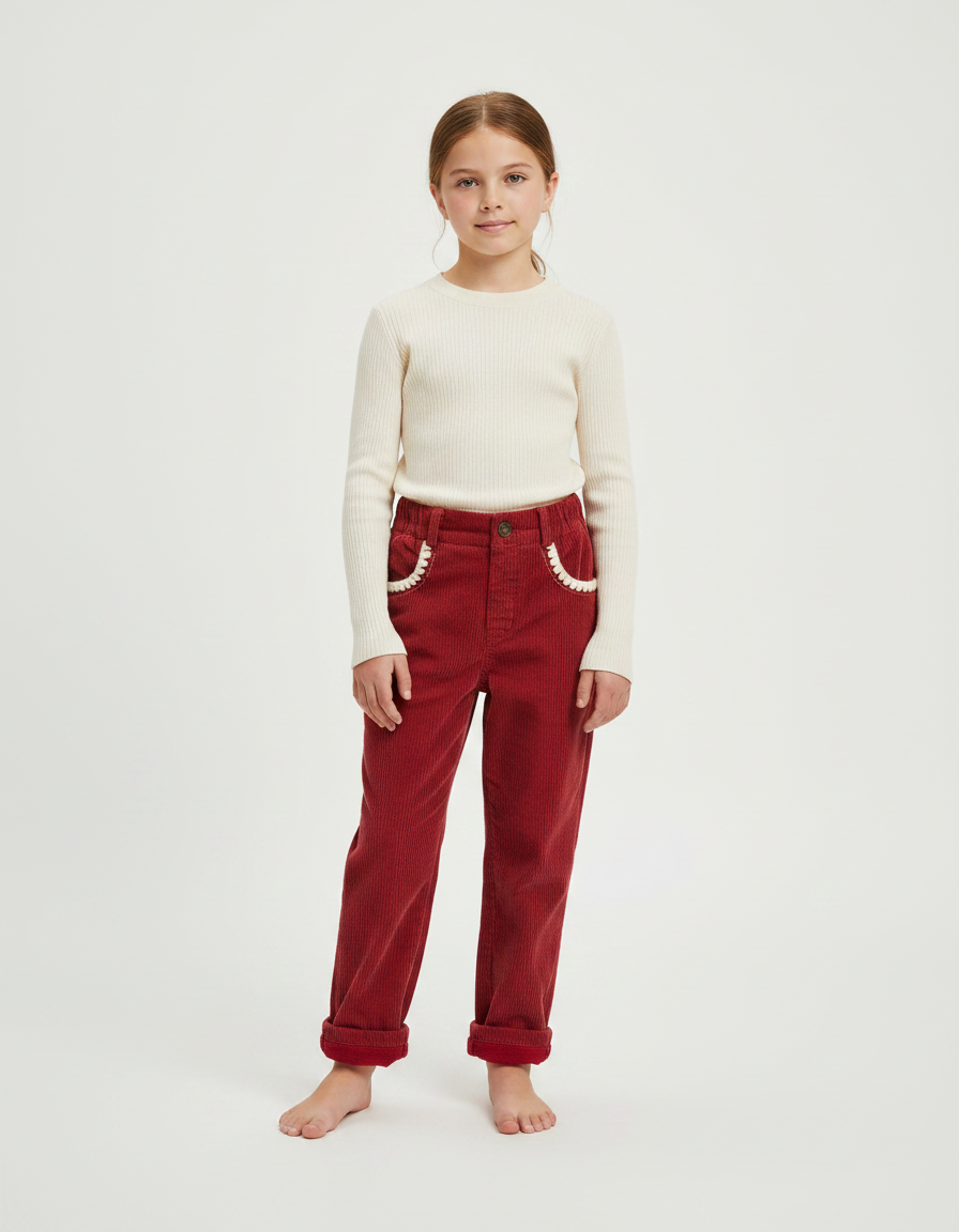 Pantalon Velours Rouge Côtelé Décontracté Fille Hiver - Cordé
