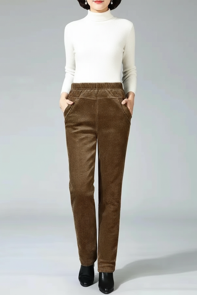 Pantalon Velours Marron Côtelé Droit Élastique Hiver - Cordé
