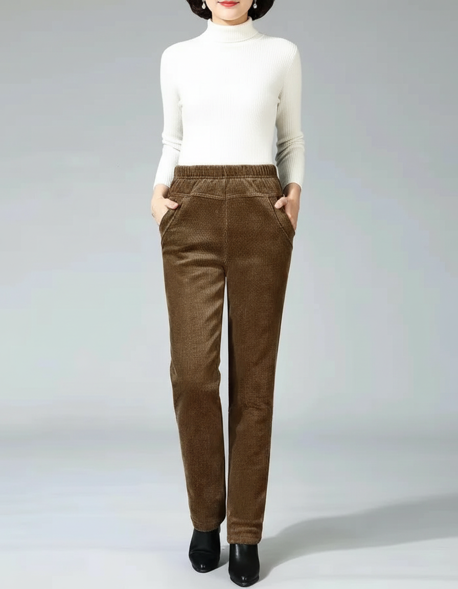Pantalon Velours Marron Côtelé Droit Élastique Hiver - Cordé