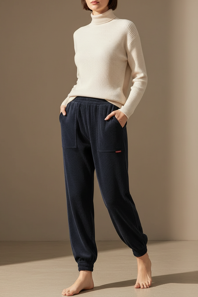 Pantalon Velours Côtelé Bleu Marine Décontracté Ample Épais - Cordé