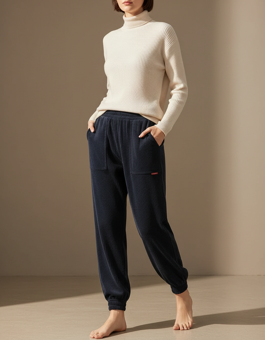 Pantalon Velours Côtelé Bleu Marine Décontracté Ample Épais - Cordé
