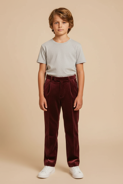 Pantalon Velours Bordeaux Plissé Droit Enfant Élégant - Cordé